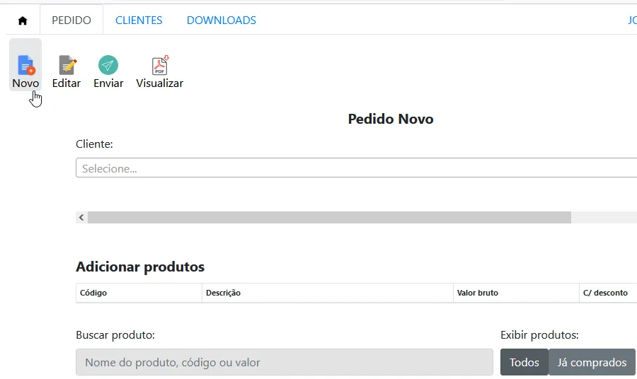 Tela do sistema Sistema de Pedidos Online